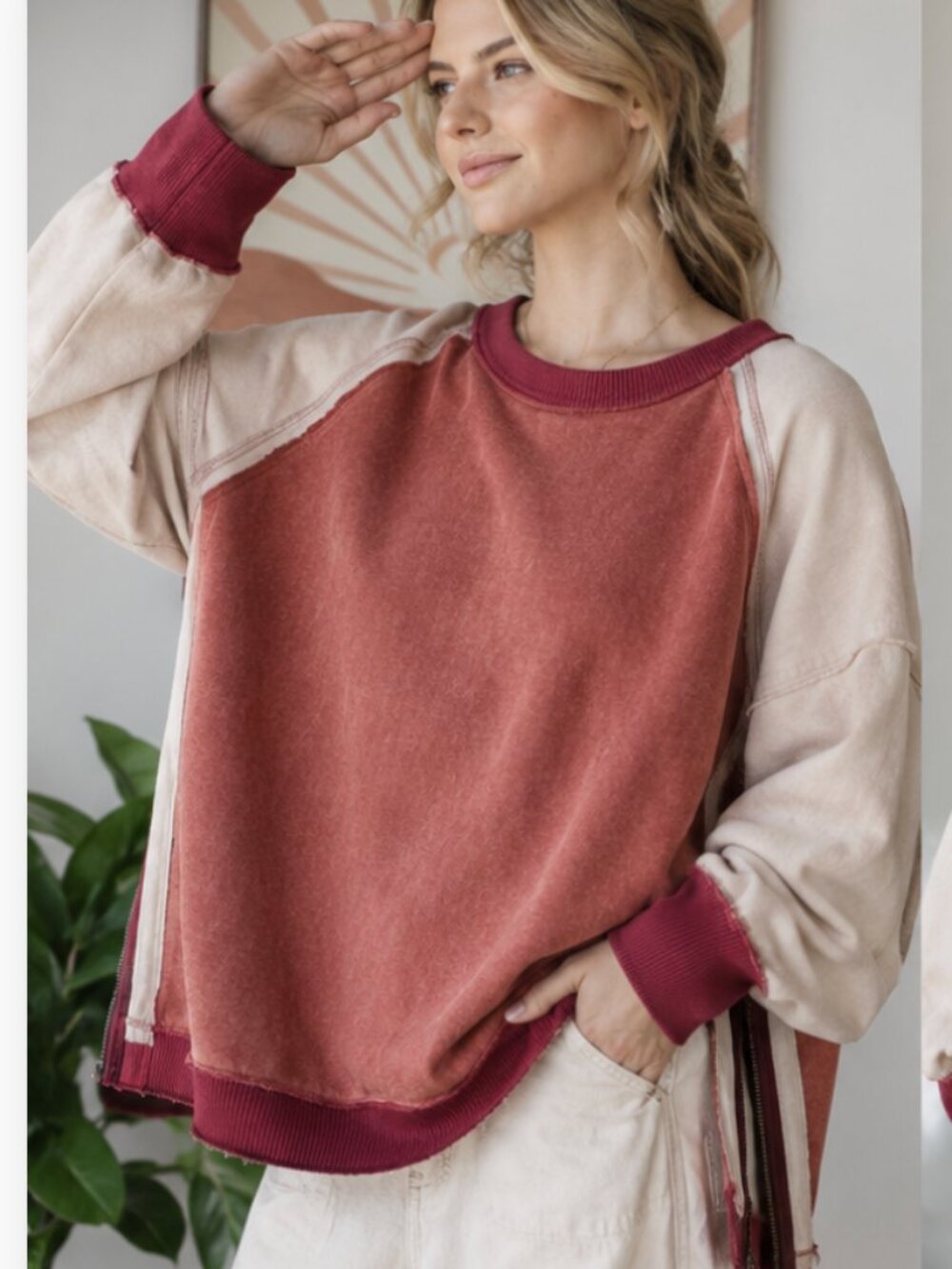 OLI + HALI Washed Red Cream Colorblock Side Zip Relaxed Crewneck Boho Sweater L